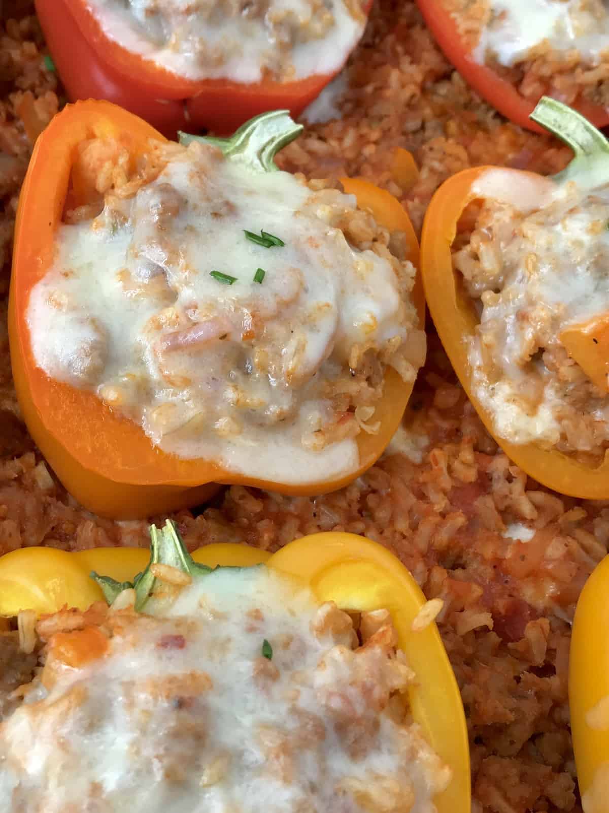 close up of sweet peppers in casserole dish