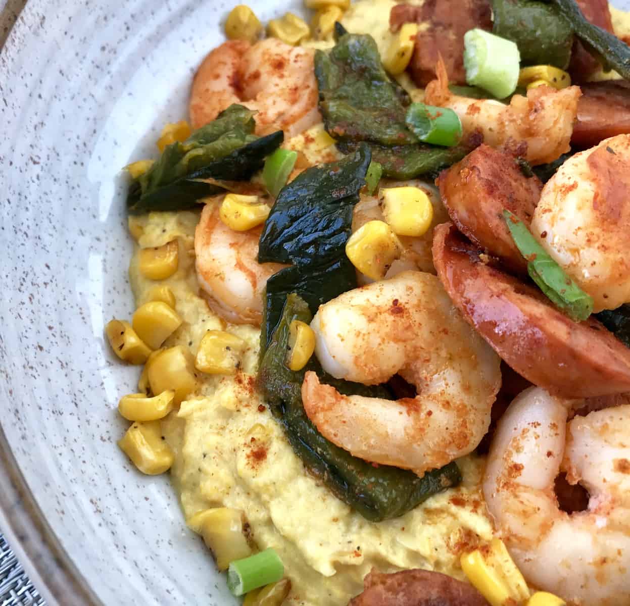 Shrimp and Andouille with Roasted Corn Puree