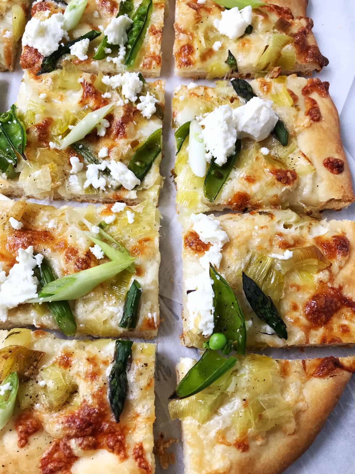 Spring Pizza with Asparagus, Leeks and Sugar Snap Peas