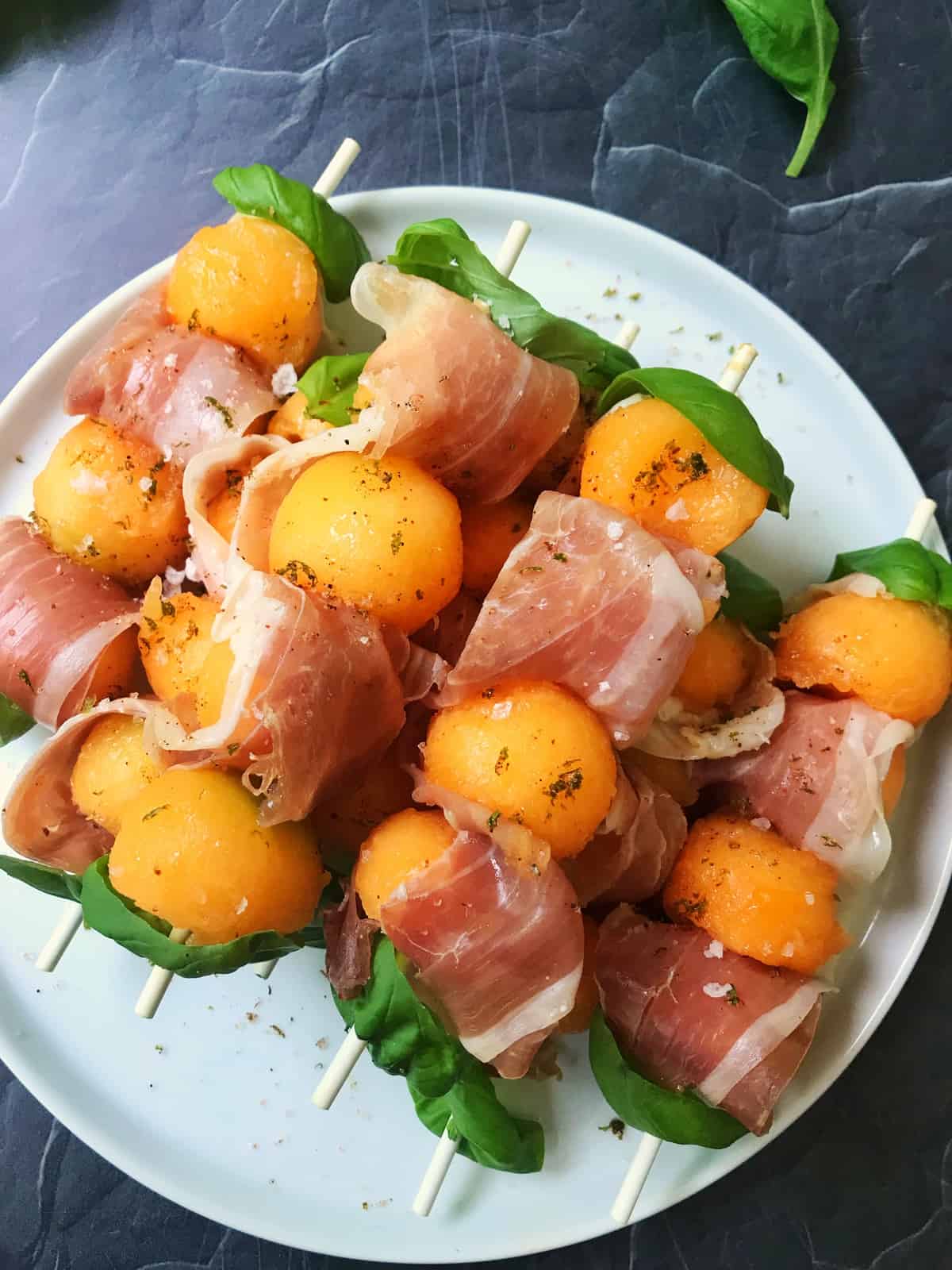 Prosciutto Melon Basil Skewers with Chili Lime Salt