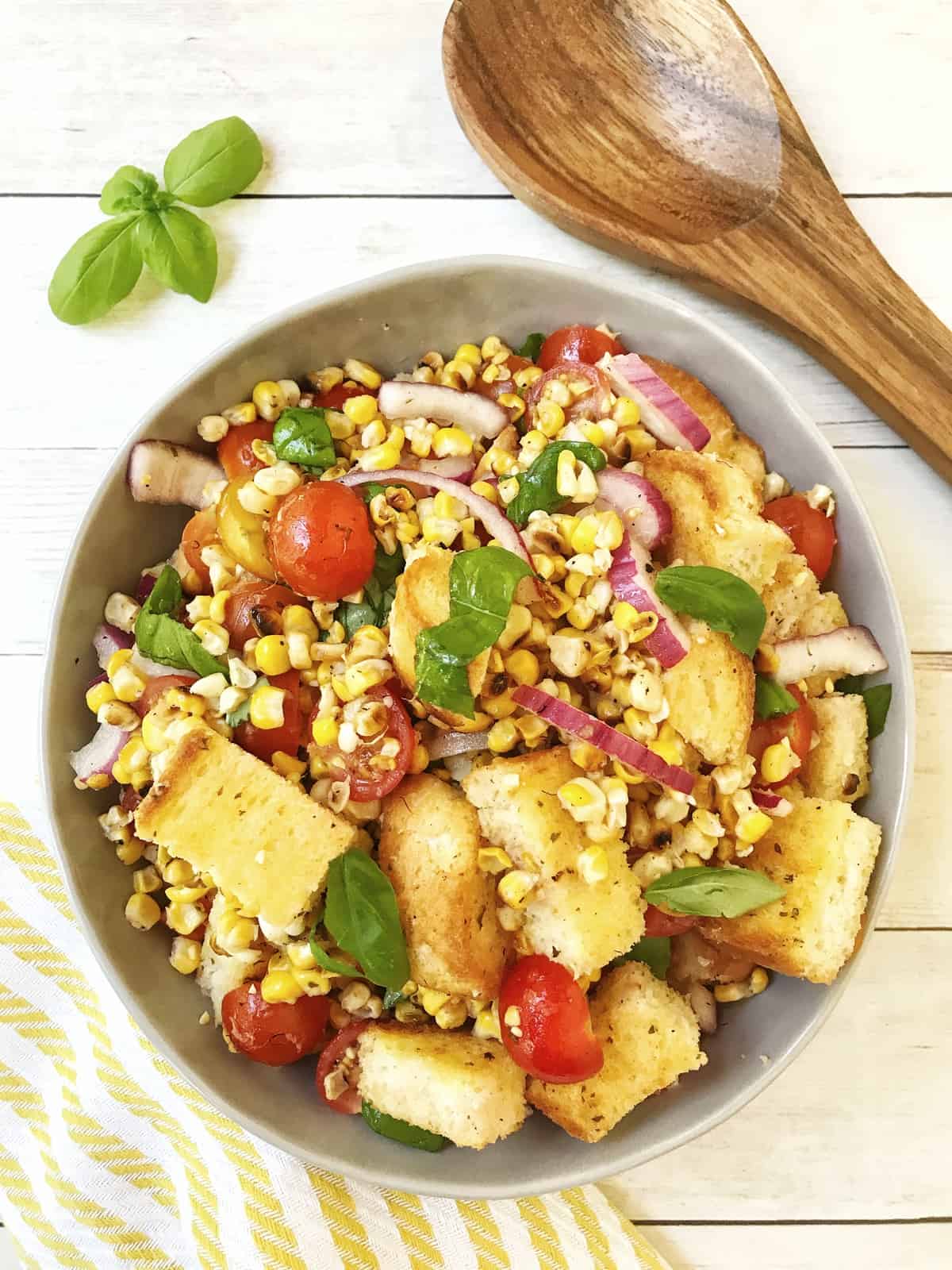 Corn Panzanella Salad with Garlic Toast Croutons