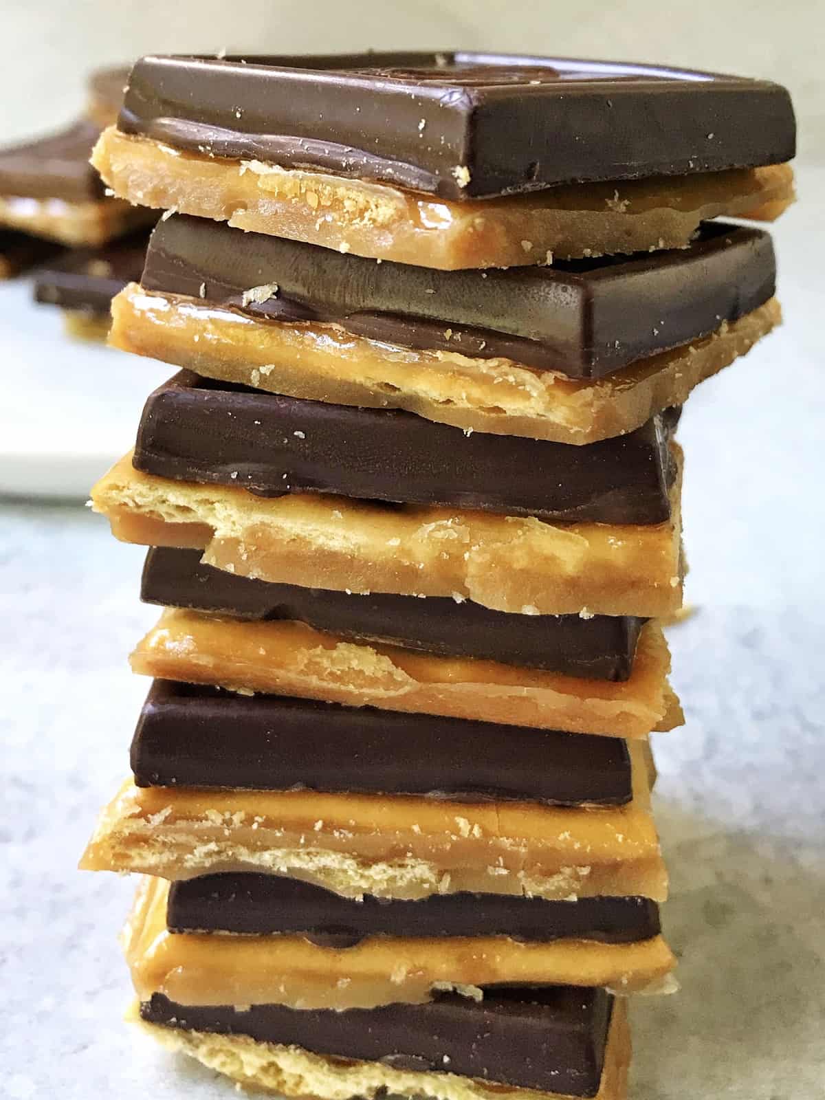 stack of chocolate caramel saltine toffee