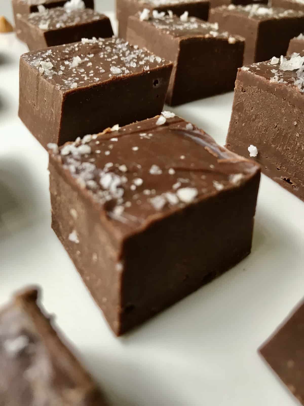 close up of a square slice of fudge