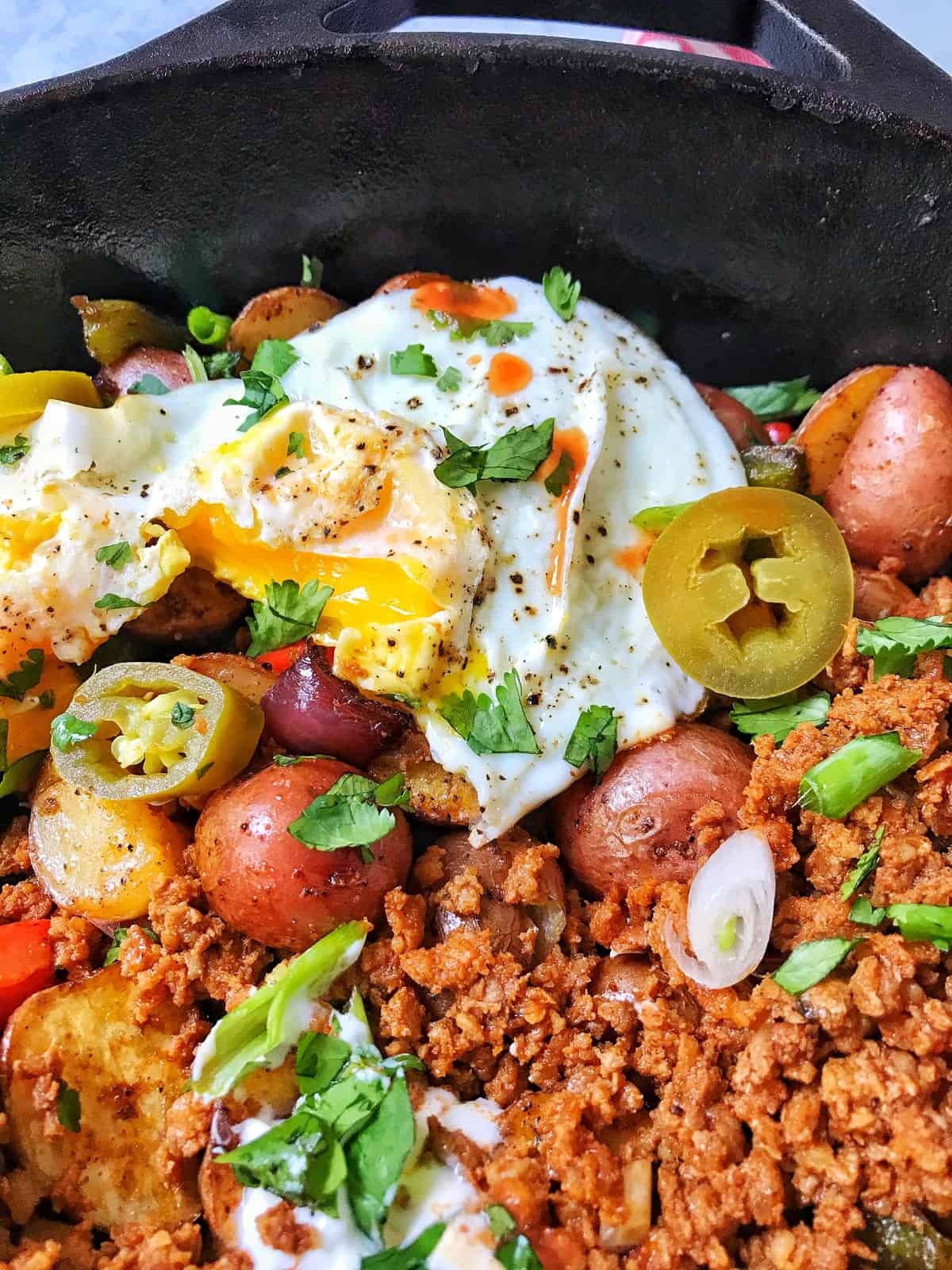 close up of Roasted Potato Hash with Chorizo and Eggs 