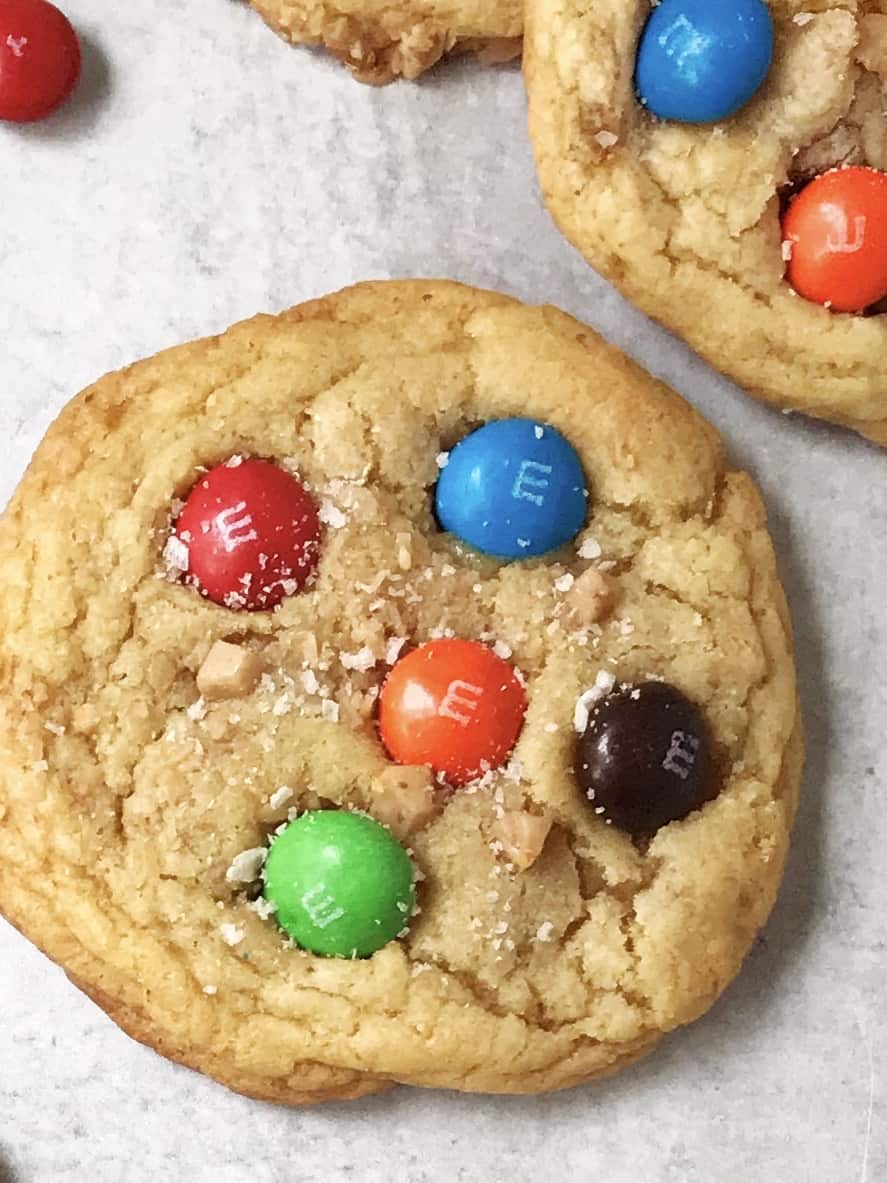 close up of Salted Toffee Hazelnut Spread M&M Cookies