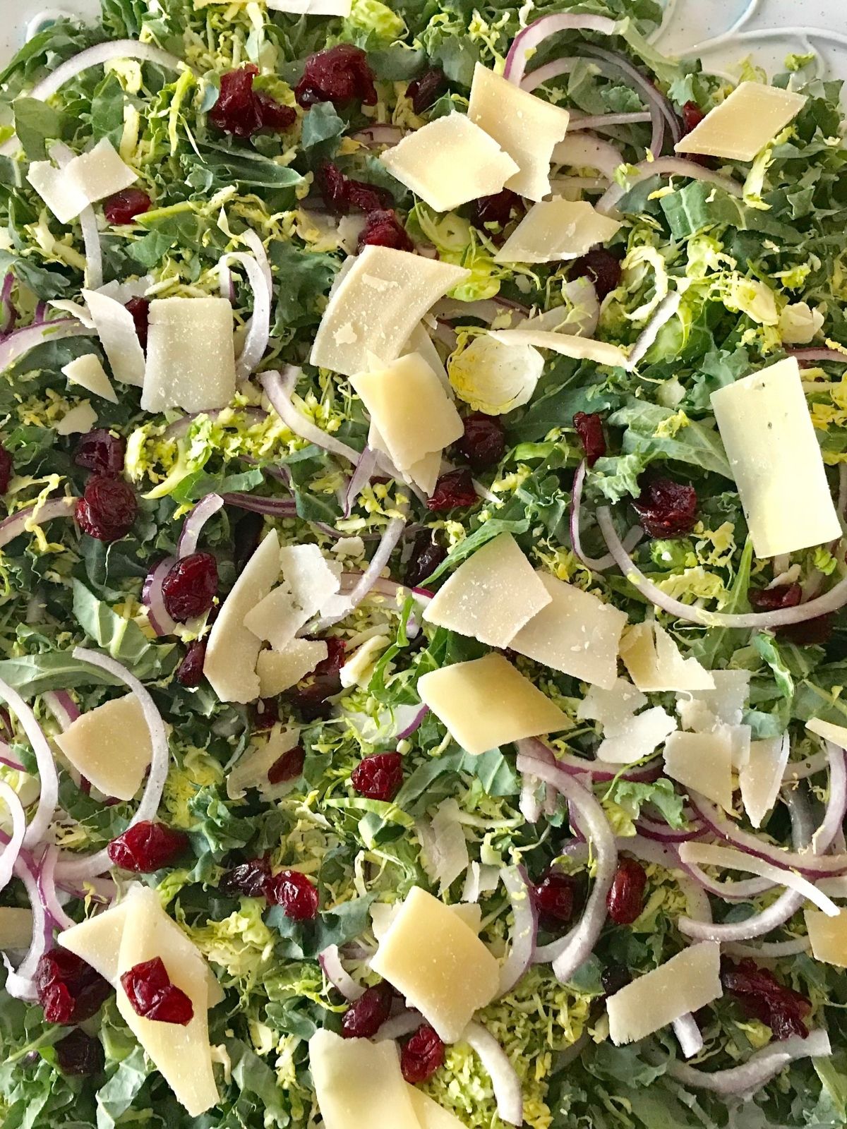 close up of brussels sprout and kale salad with parmesan