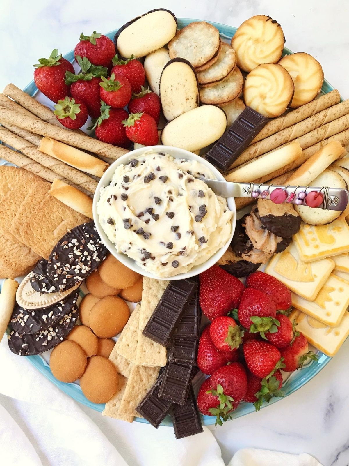 platter of cookies, fruit and dip