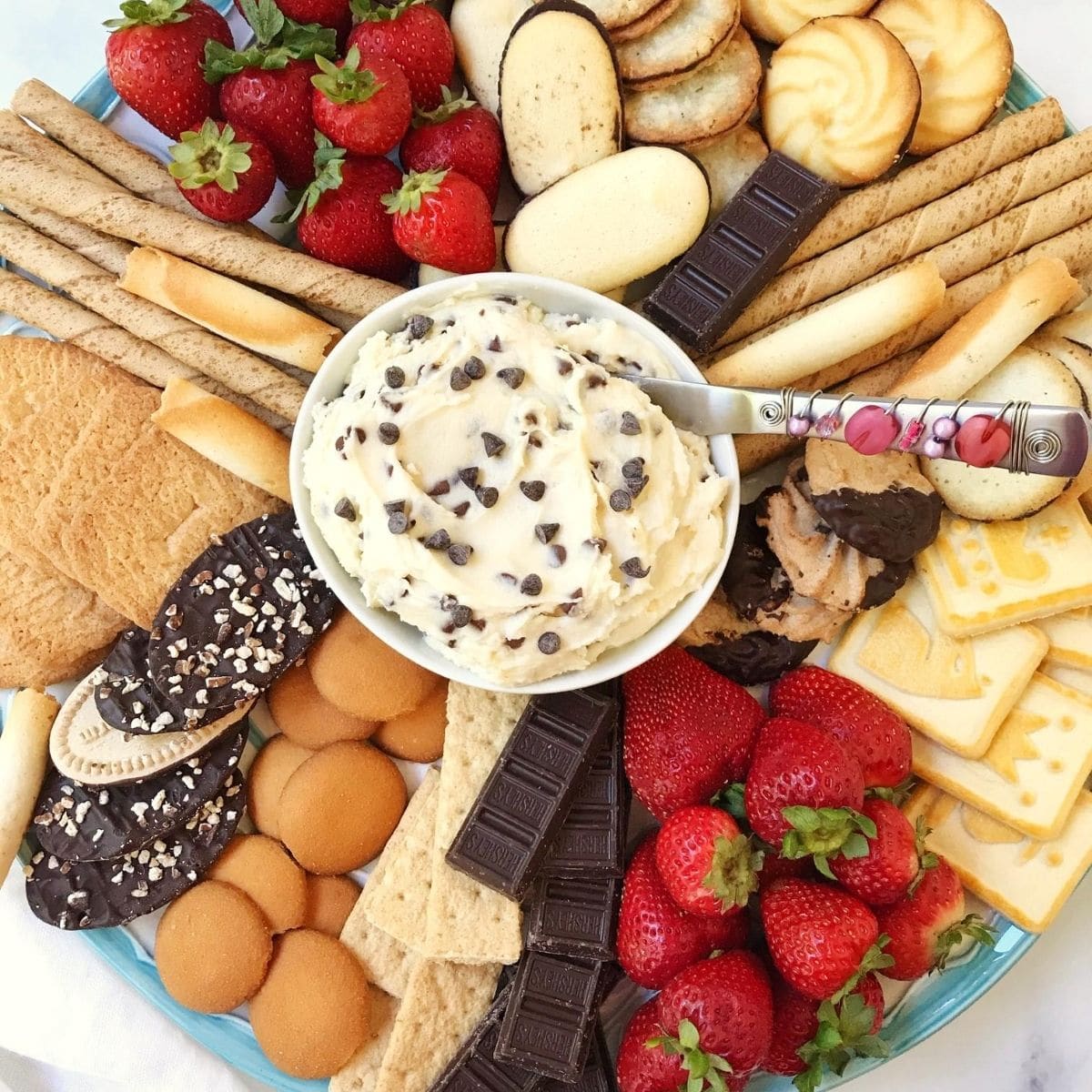 platter of dip, cookies, and fruit