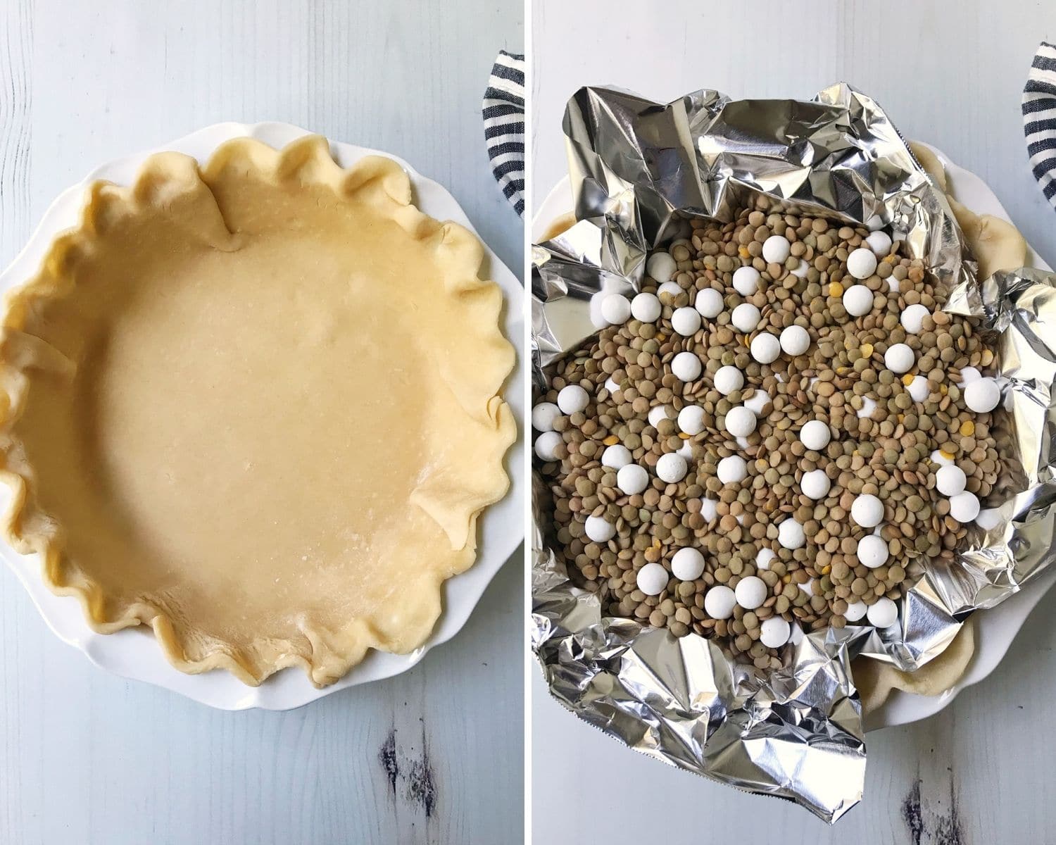 pie dish with unbaked crust and dish filled with pie weights