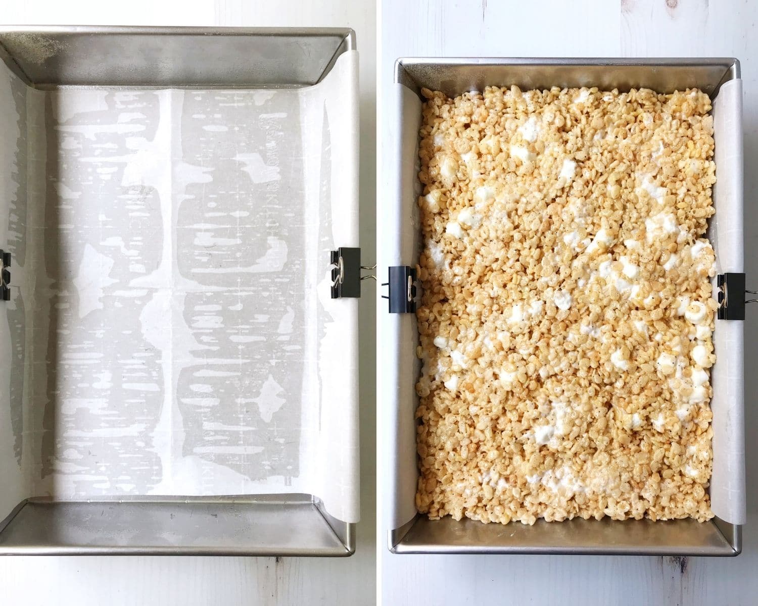 prepared pan with parchment and pan filled with cereal mixture