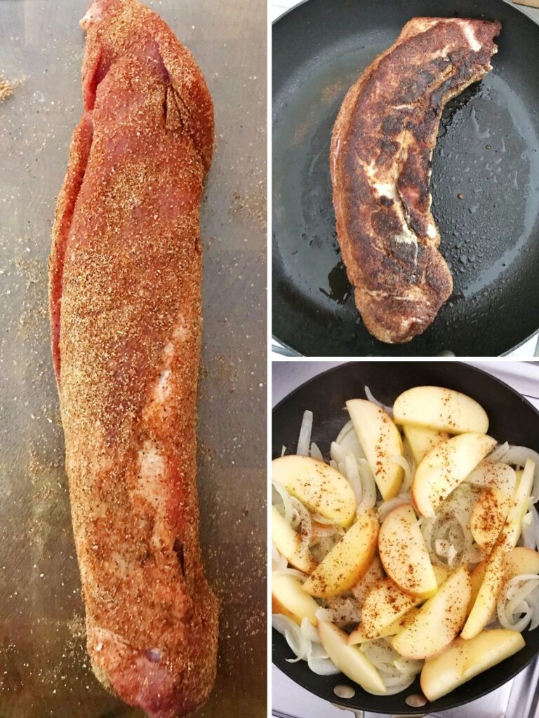 tenderloin with spice rub before and after searing and skillet of apples and onions