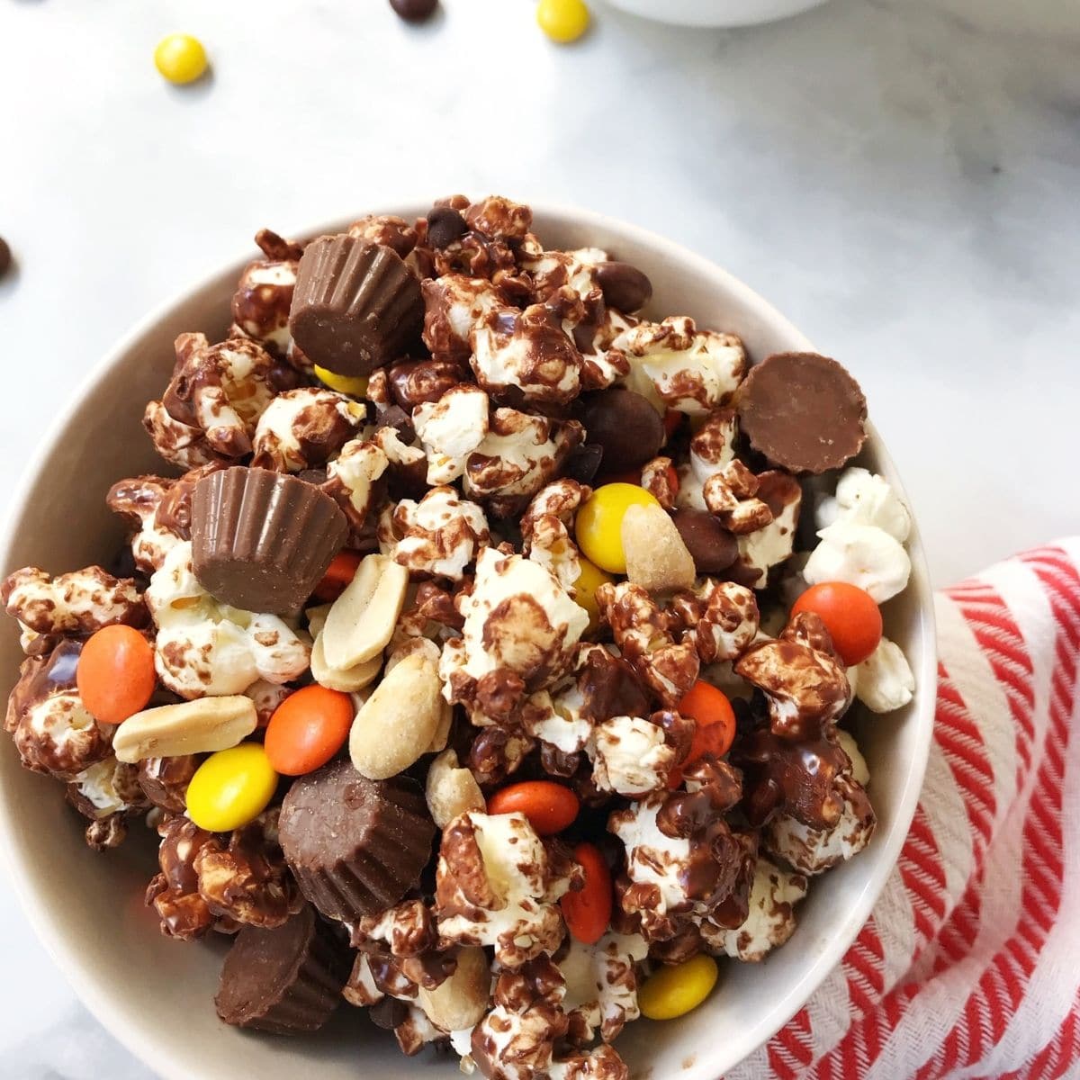 bowl of chocolate-covered popcorn