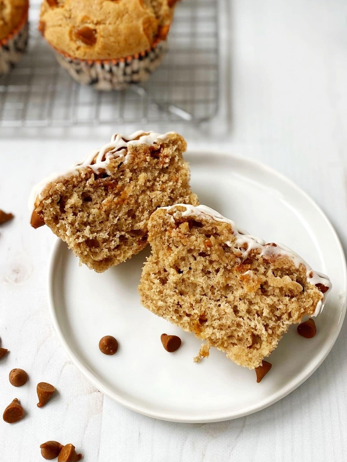 muffin sliced in half on a plate