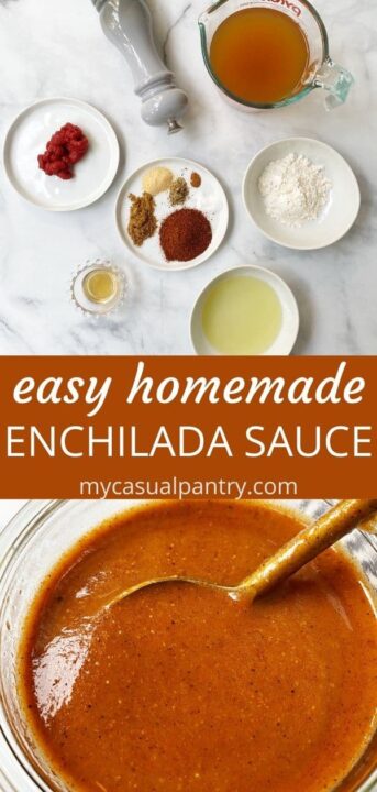 jar of enchilada sauce, spices, broth, flour, and tomato paste