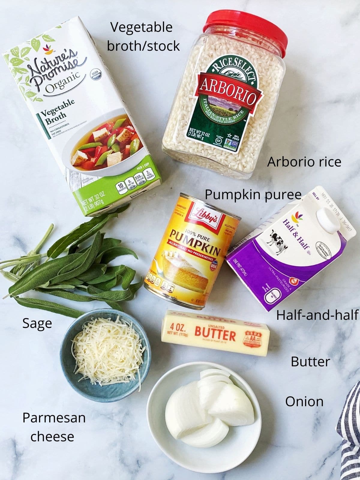 display of rice, broth, pumpkin, cream, cheese, sage, onion