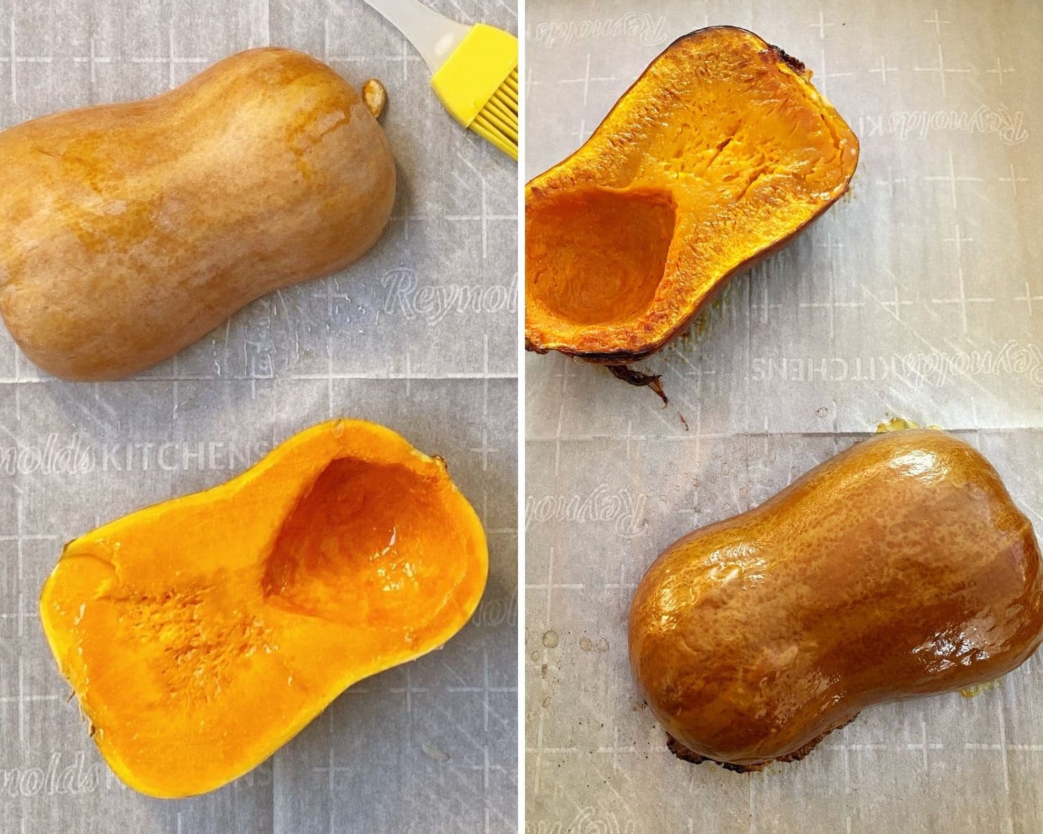 prepped squash before and after baking