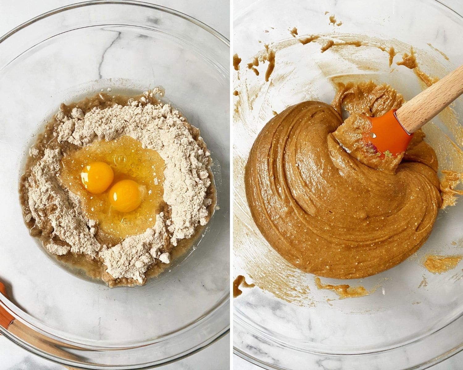 cake mix, eggs, and oil in bowl and bowl of mixed dough