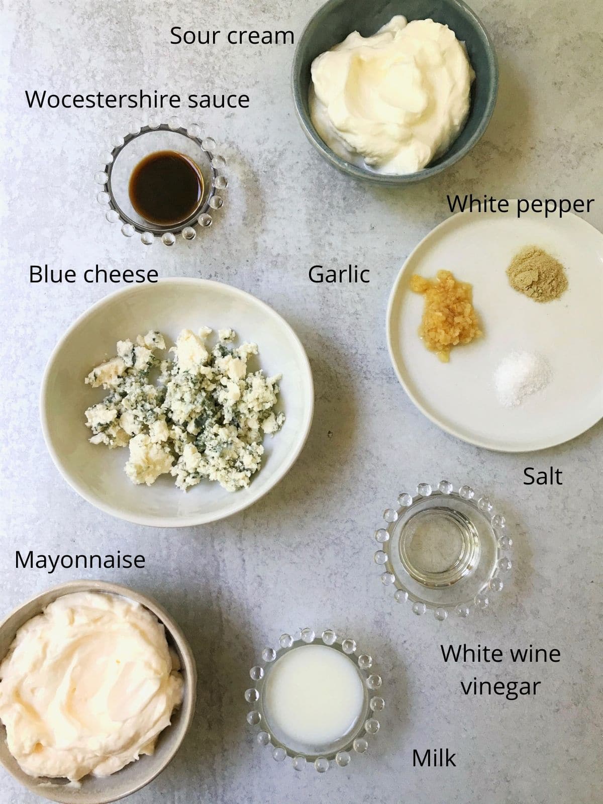 dressing ingredients - sour cream, mayo, blue cheese, worcestershire sauce, vinegar, milk, seasonings