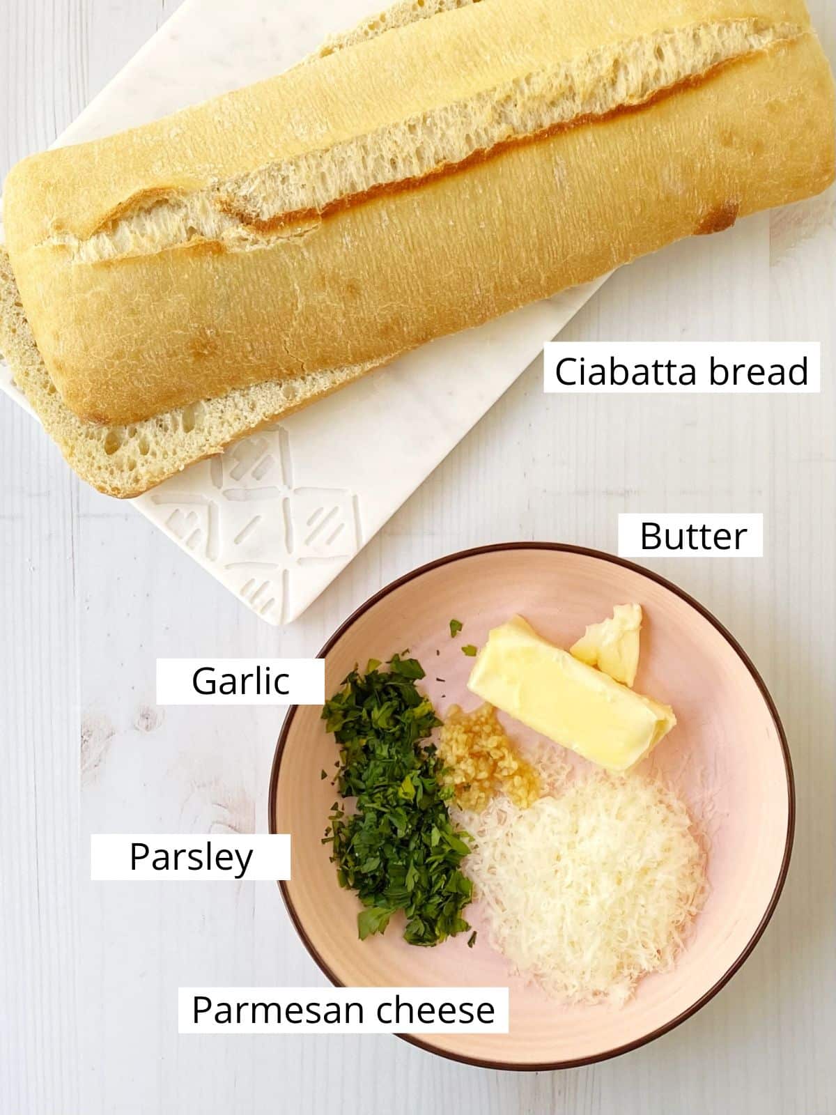 Ingredients for ciabatta garlic bread.