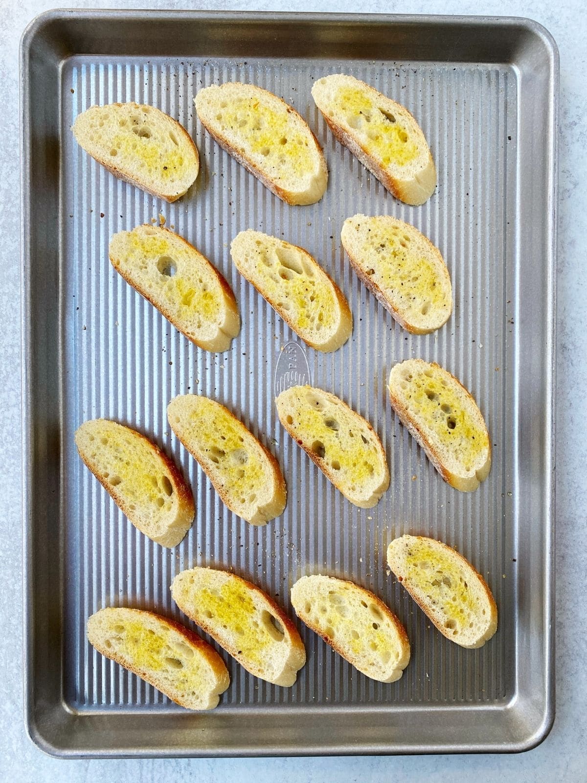 bread slices on a sheet pan