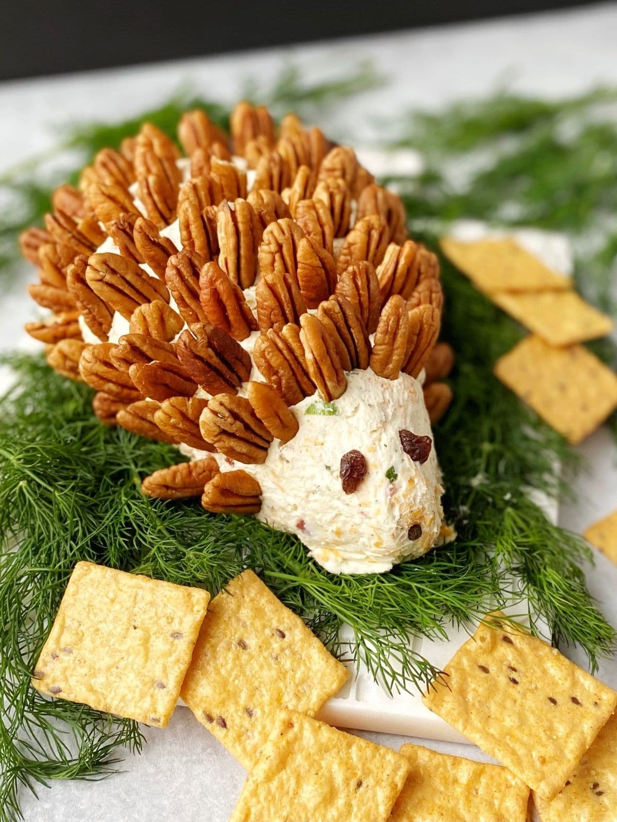 cheeseball sitting on fresh dill with assorted crackers