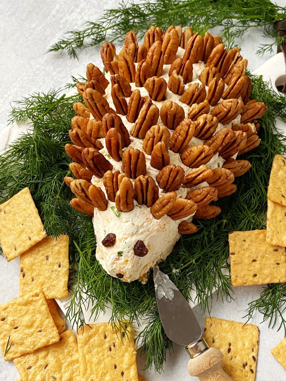 bed of fresh dill topped with cheeseball decorated with pecans