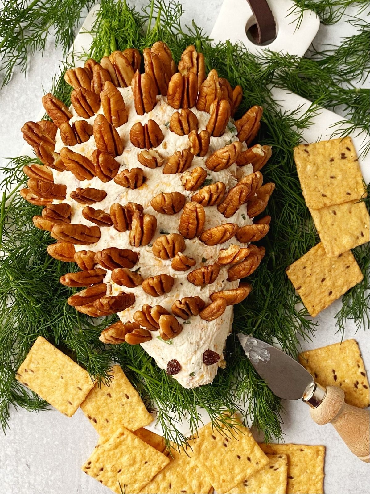 overhead picture of cheese ball on bed of dill with crackers