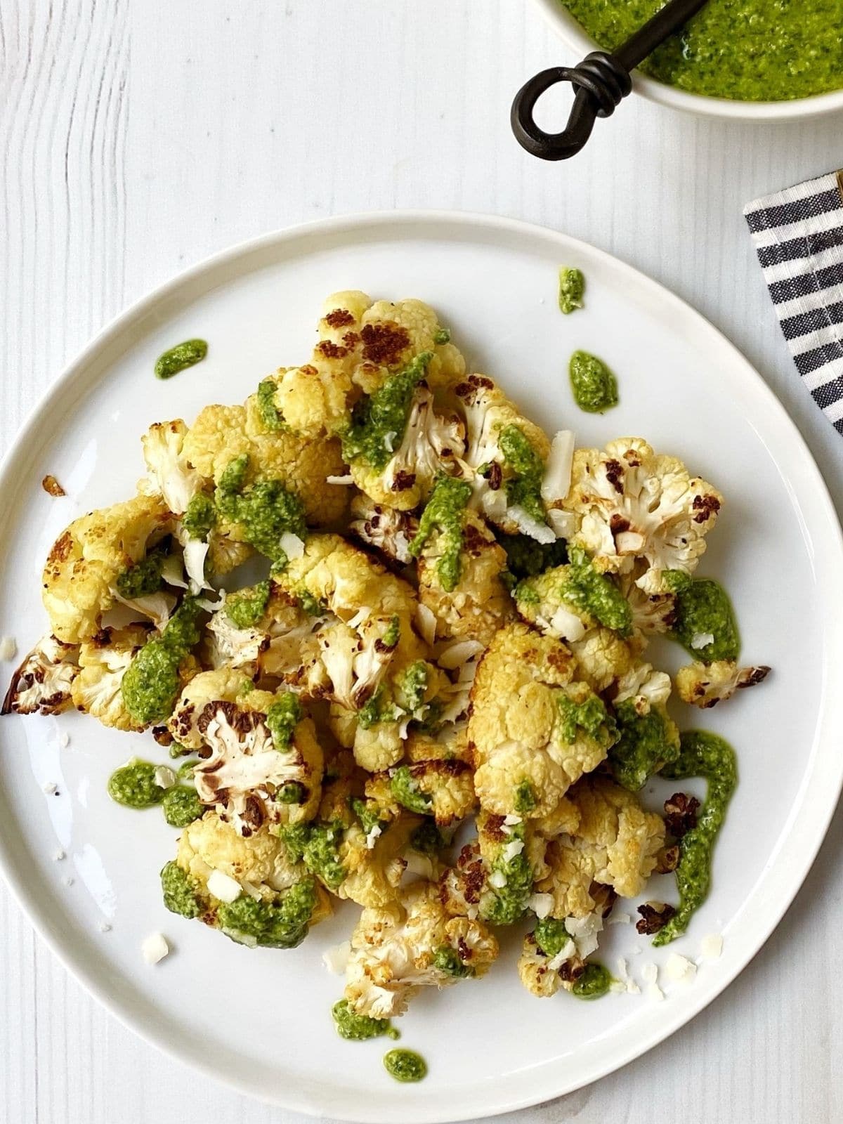 plate of pesto-drizzled cauliflower