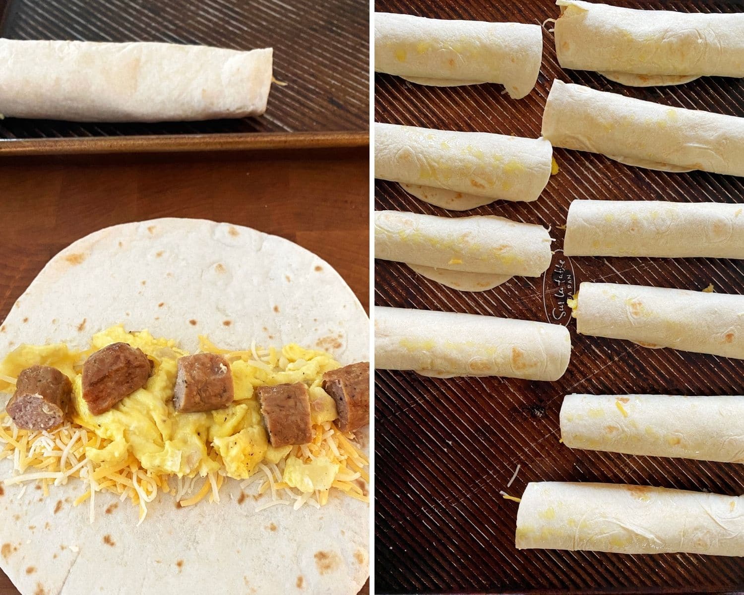 one tortilla with filling before being rolled up; tray of rolled flautas ready for baking