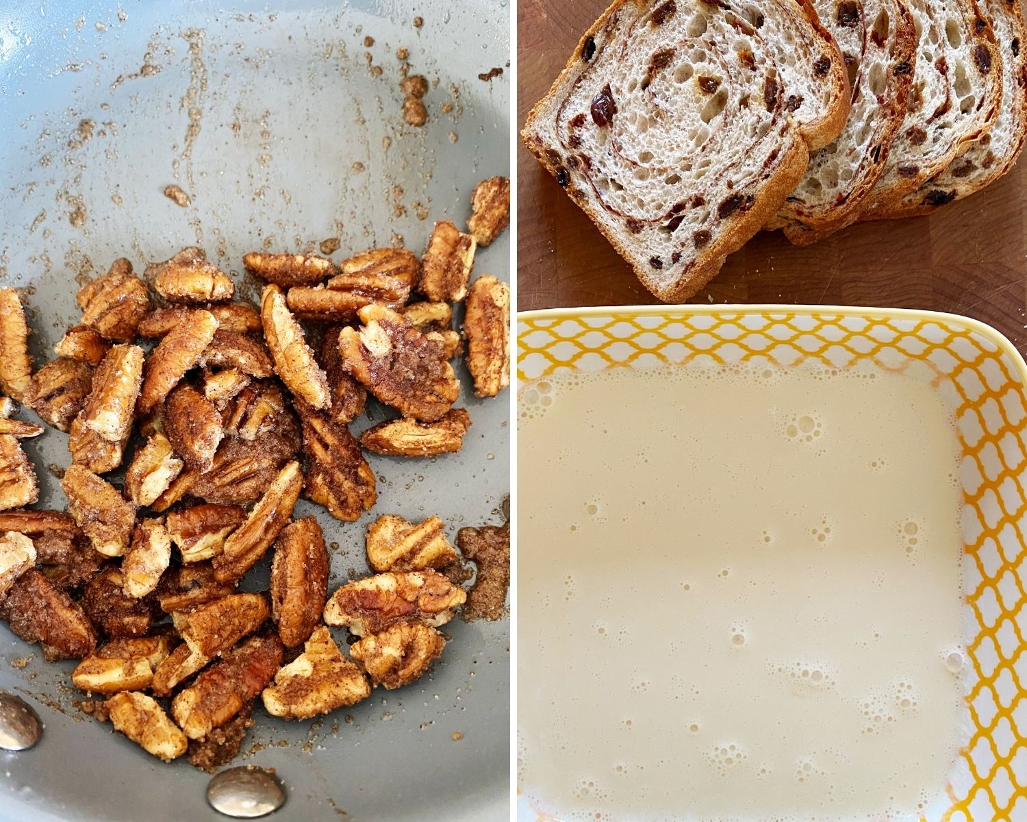 toasting pecans in skillet and dish of egg custard and bread ready for dipping