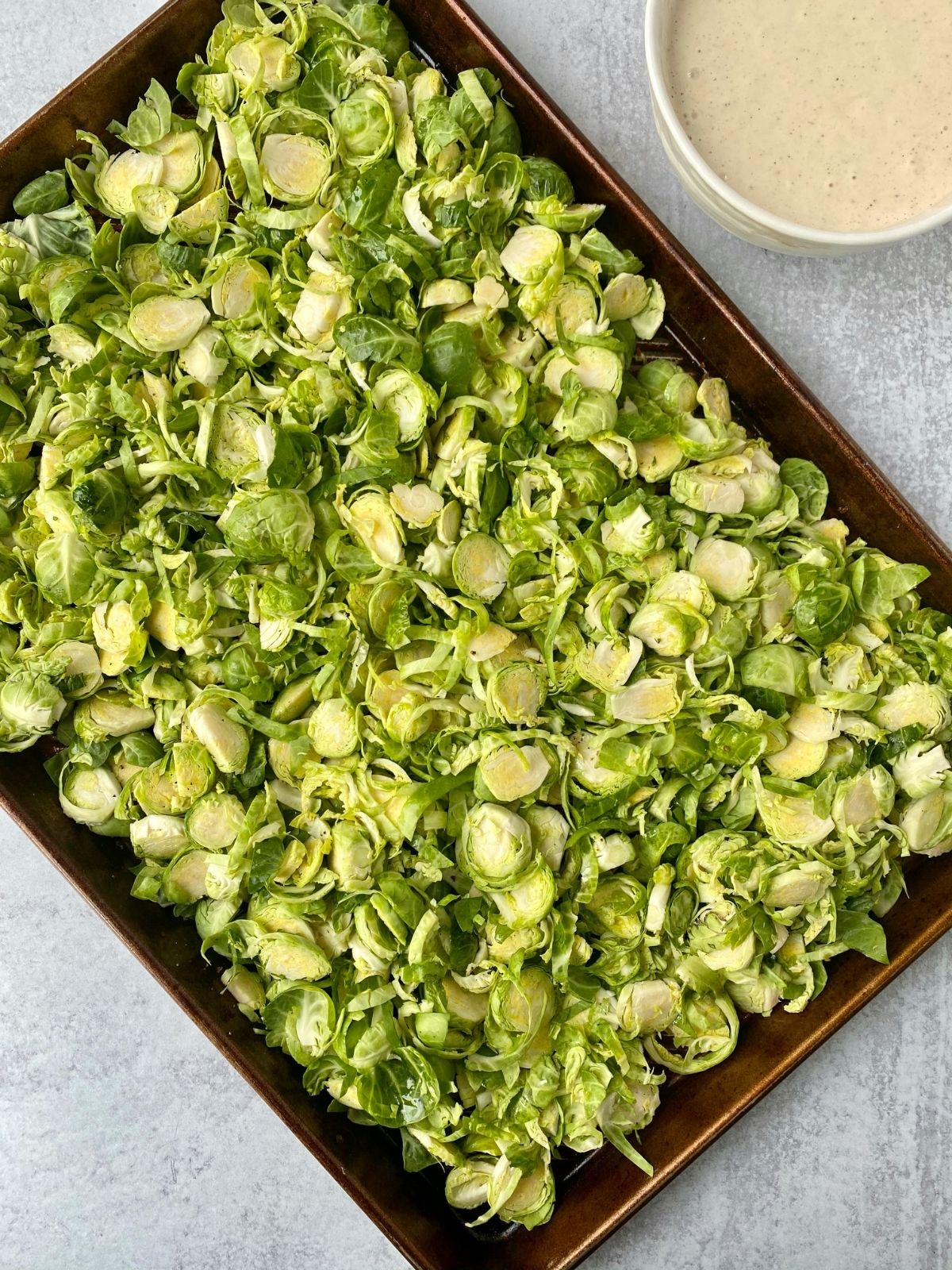 roasting pan of Brussels sprouts