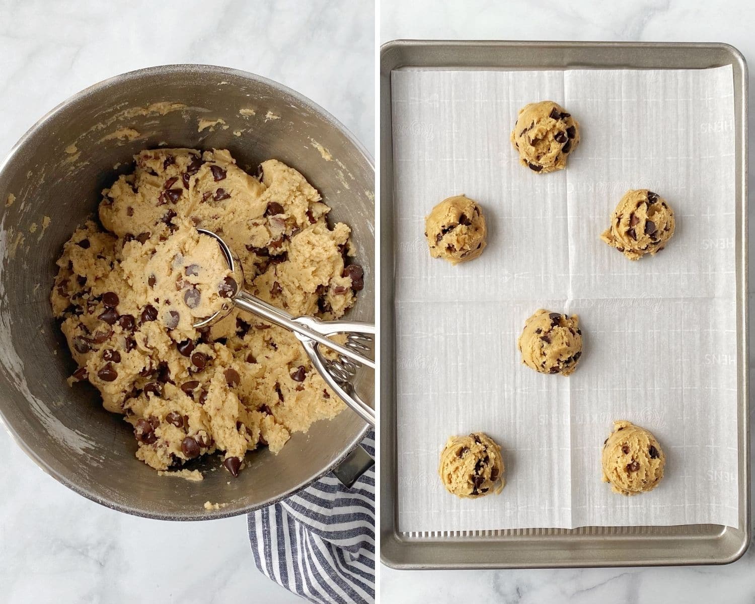 cookie dough in mixing bowl on left and portioned dough on baking sheet on right