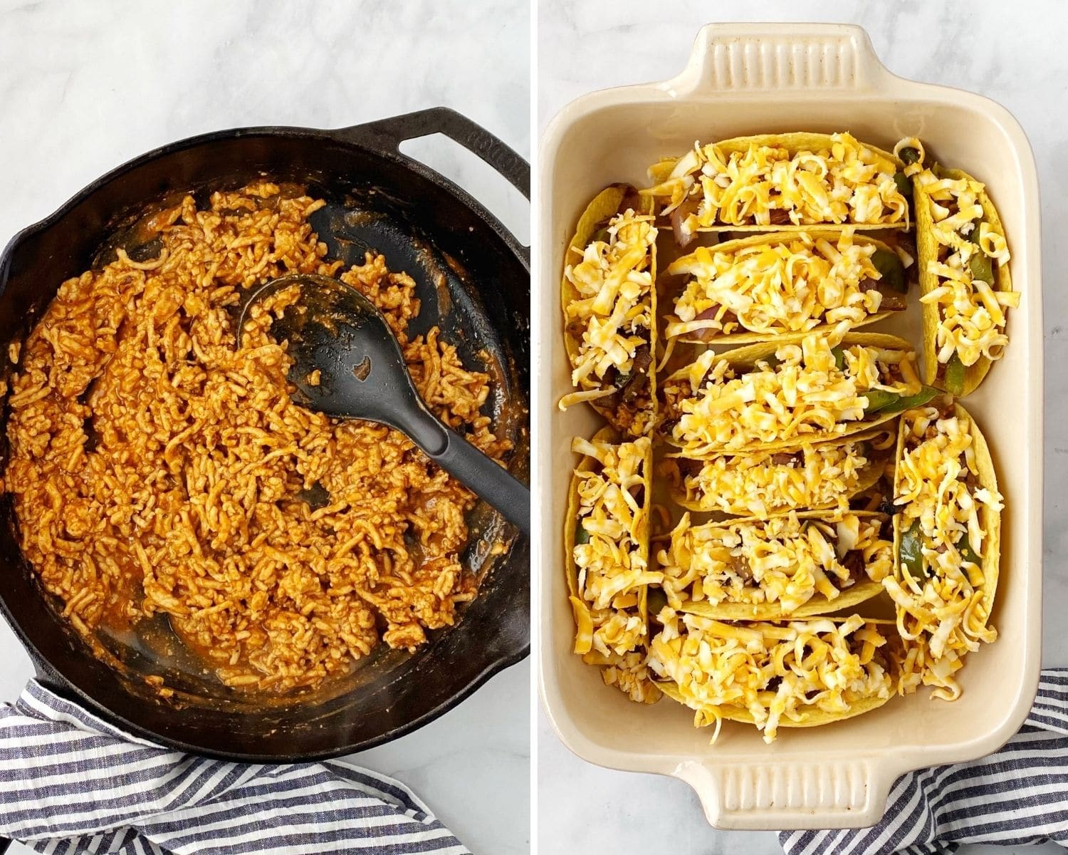 skillet of chicken taco meat and dish of shells filled with meat, veggies and cheese