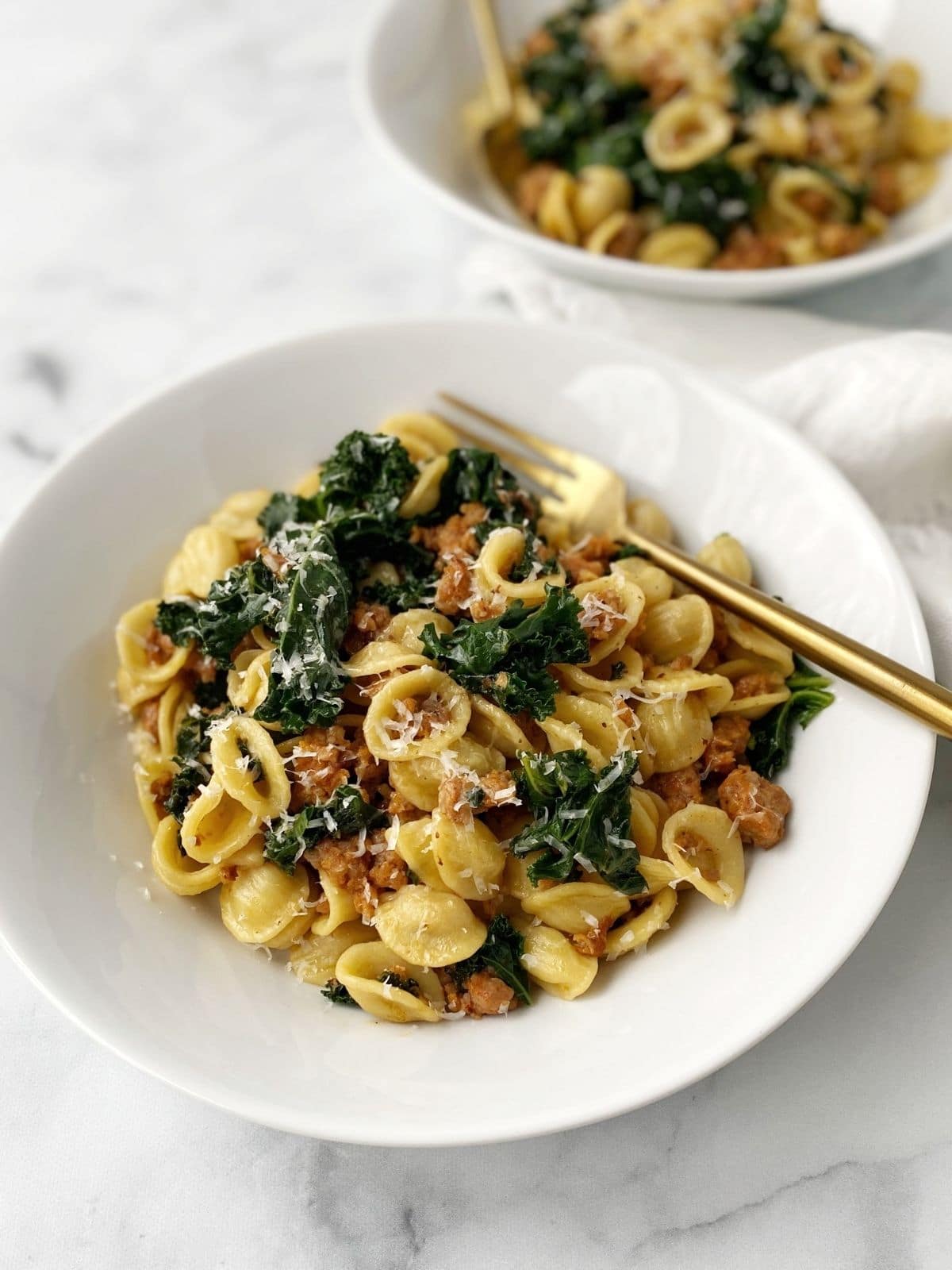 fork in a bowl of pasta with another bowl in the background