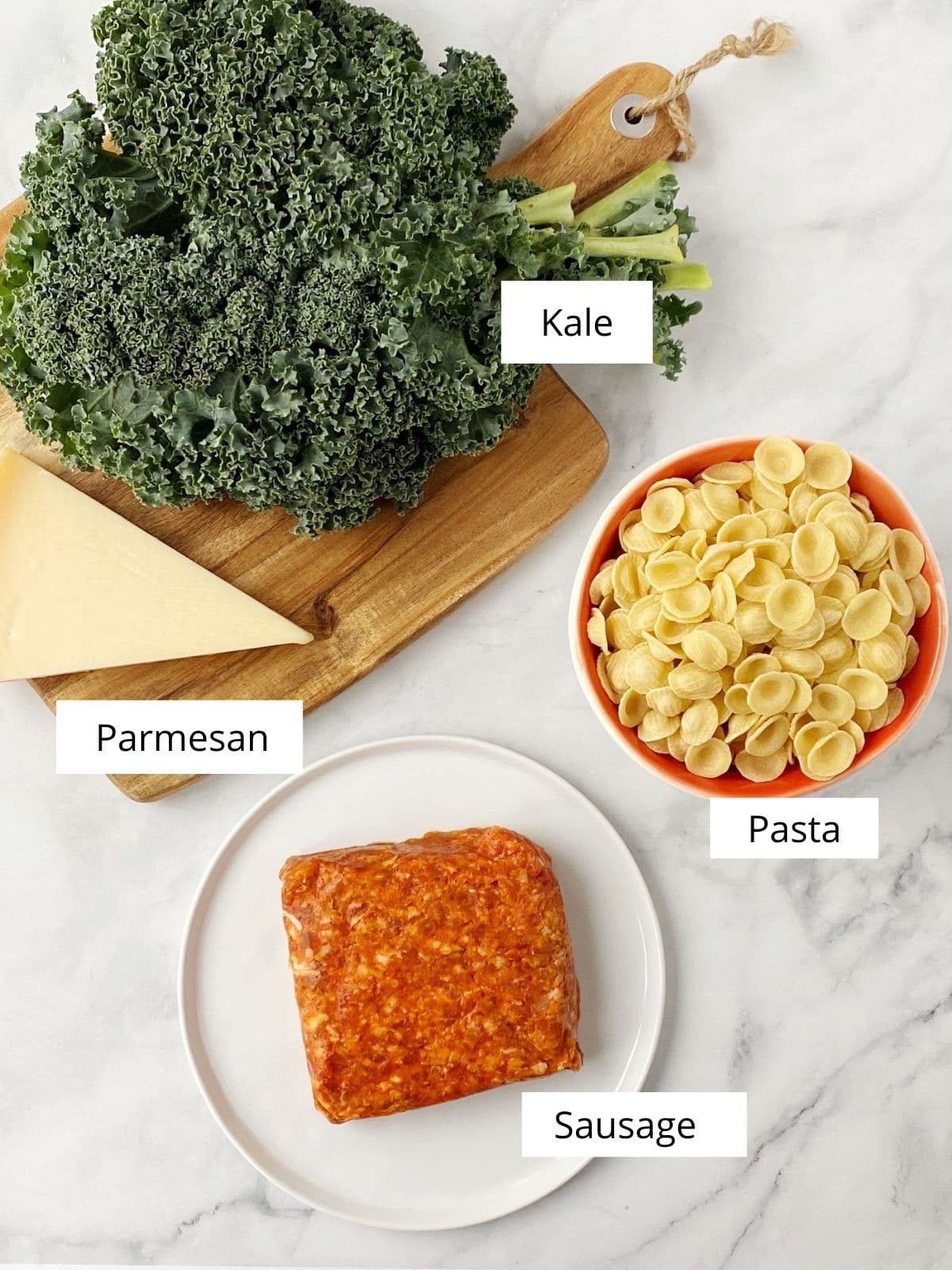 array of ingredients - kale, pasta, sausage, and parmesan