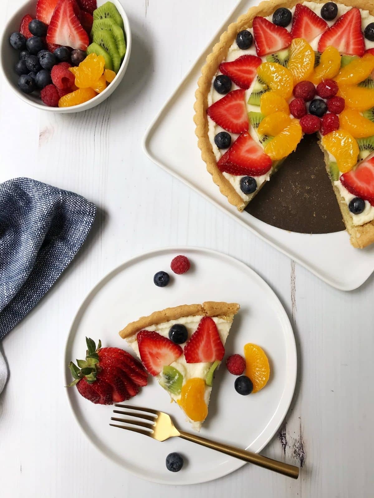 slice of fruit pizza on a plate with extra fruit in a bowl for garnish