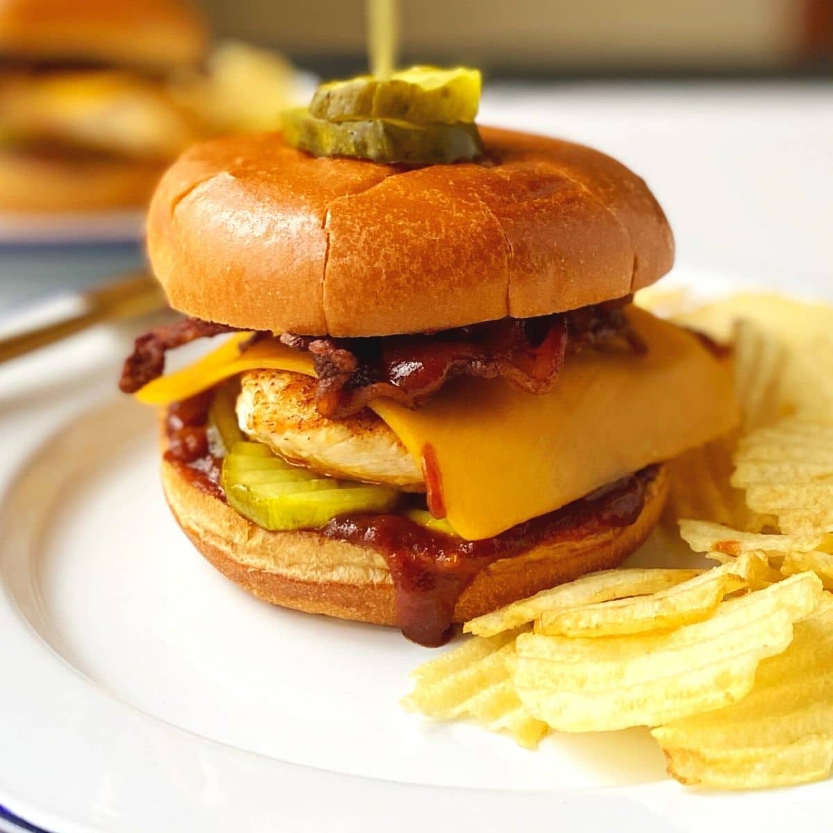 chicken sandwich on a plate with potato chips