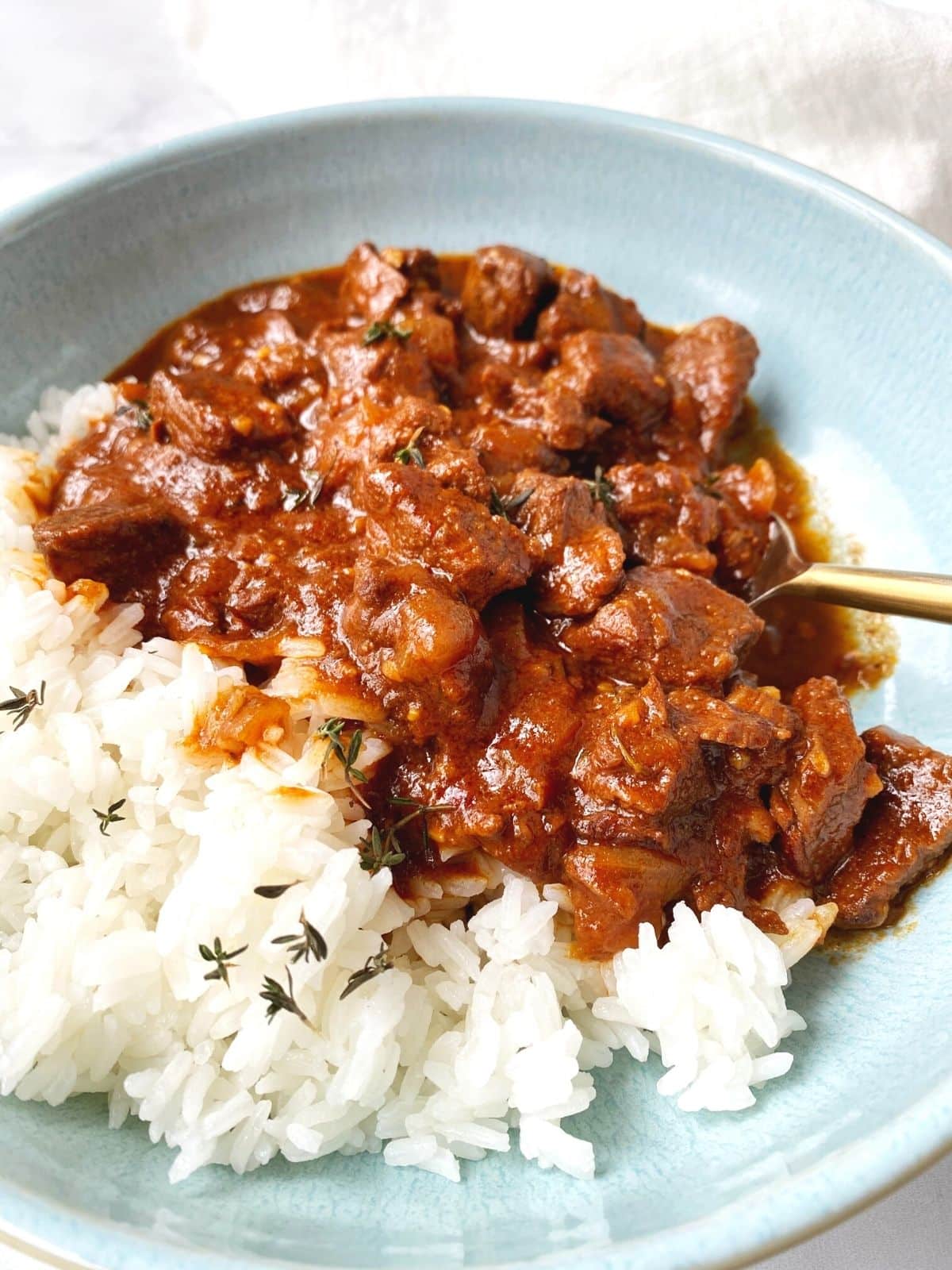 spoon in a bowl of stew over rice