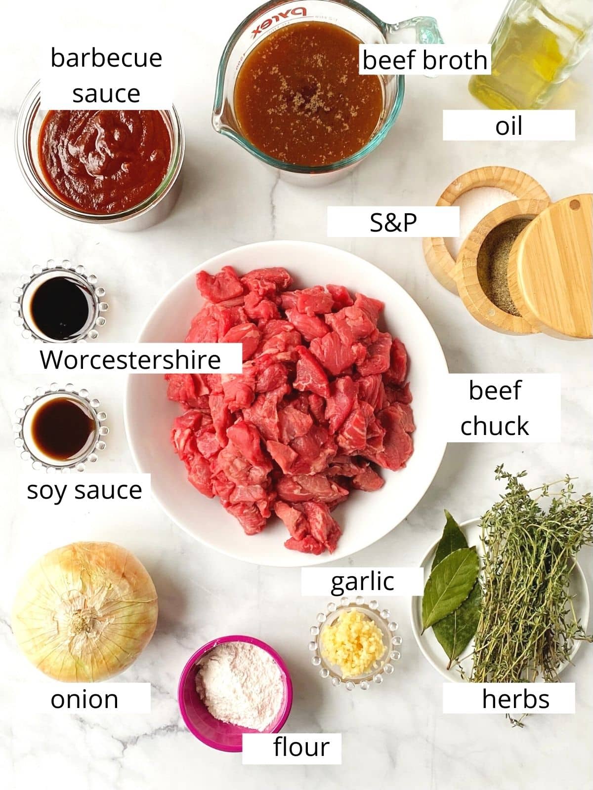 ingredients - beef, onion, broth, BBQ sauce, seasonings, flour