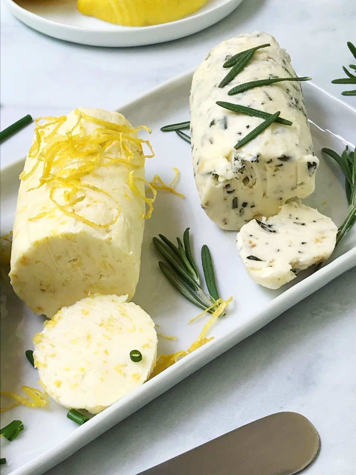 close up of lemon butter and rosemary butter