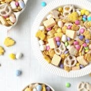 assorted dishes with snack mix