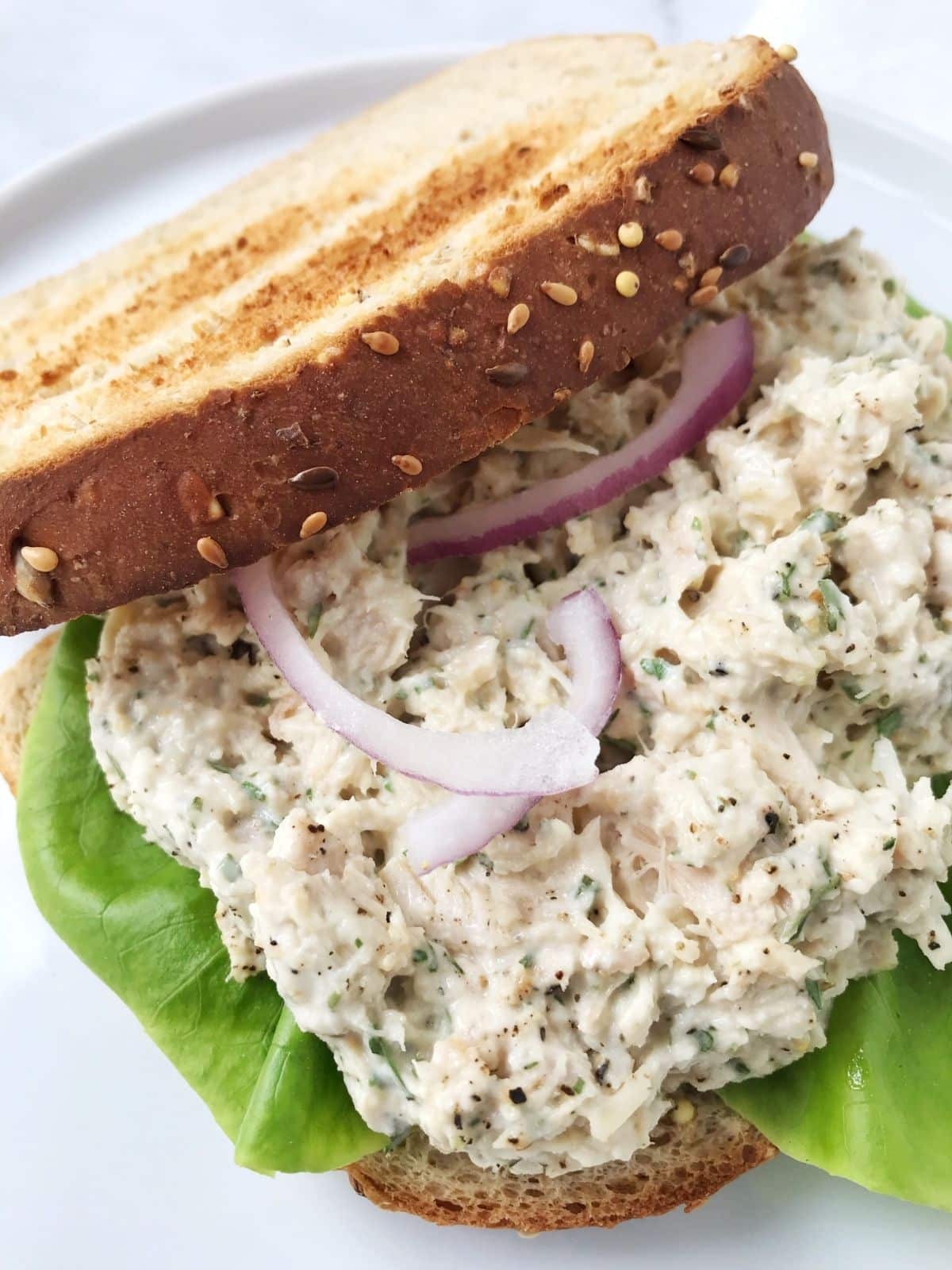 close up of toasted bread with tuna salad