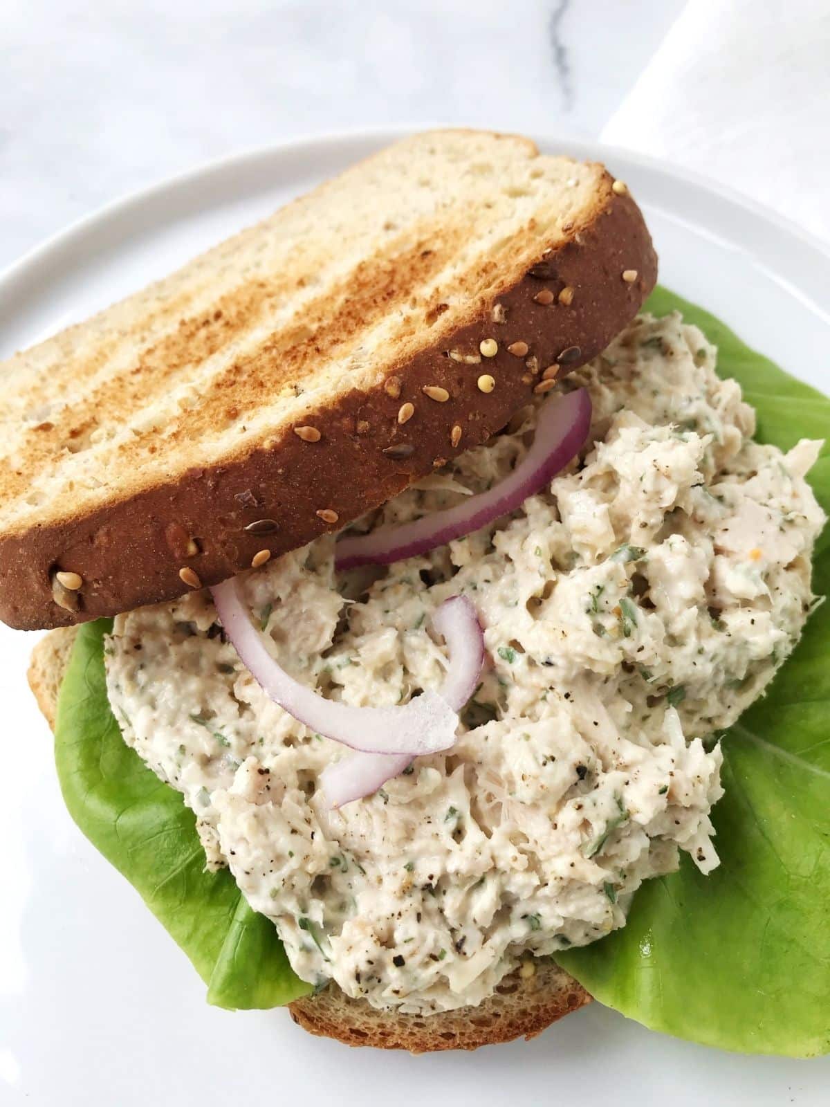 toasted bread with tuna salad and lettuce