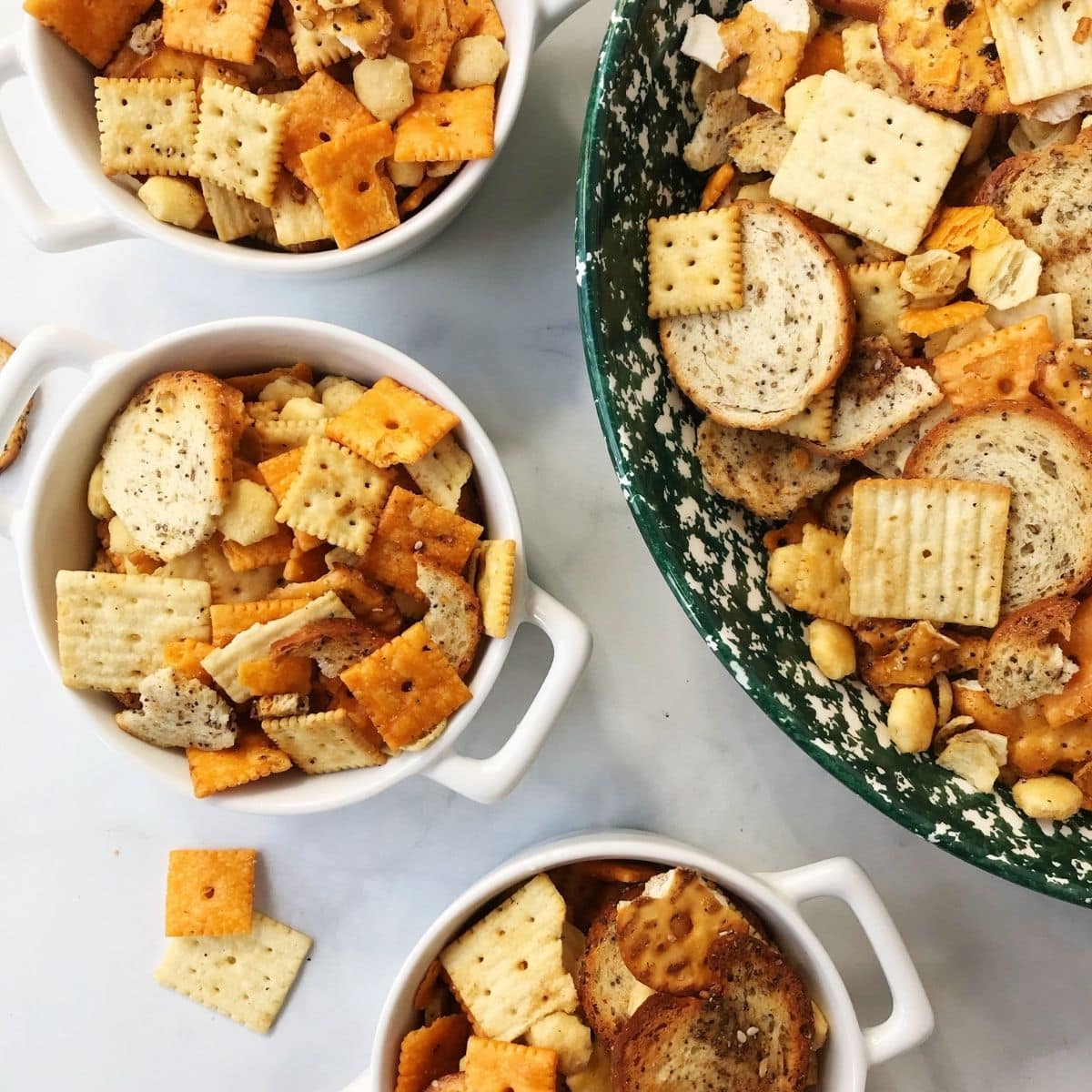 small and large bowls of snack mix