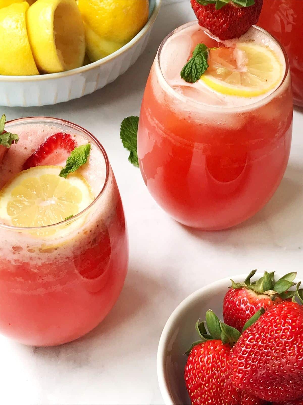 overhead shot of two glasses of lemonade