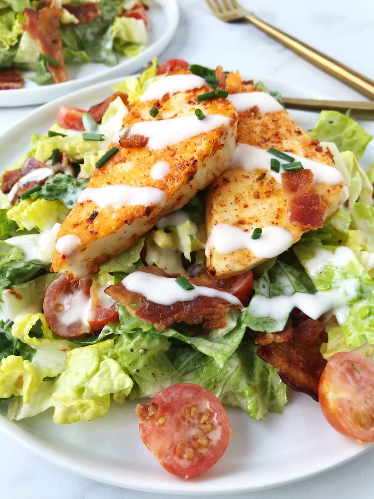 side view of salad with halloumi