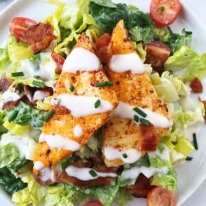 close up of halloumi on top of salad