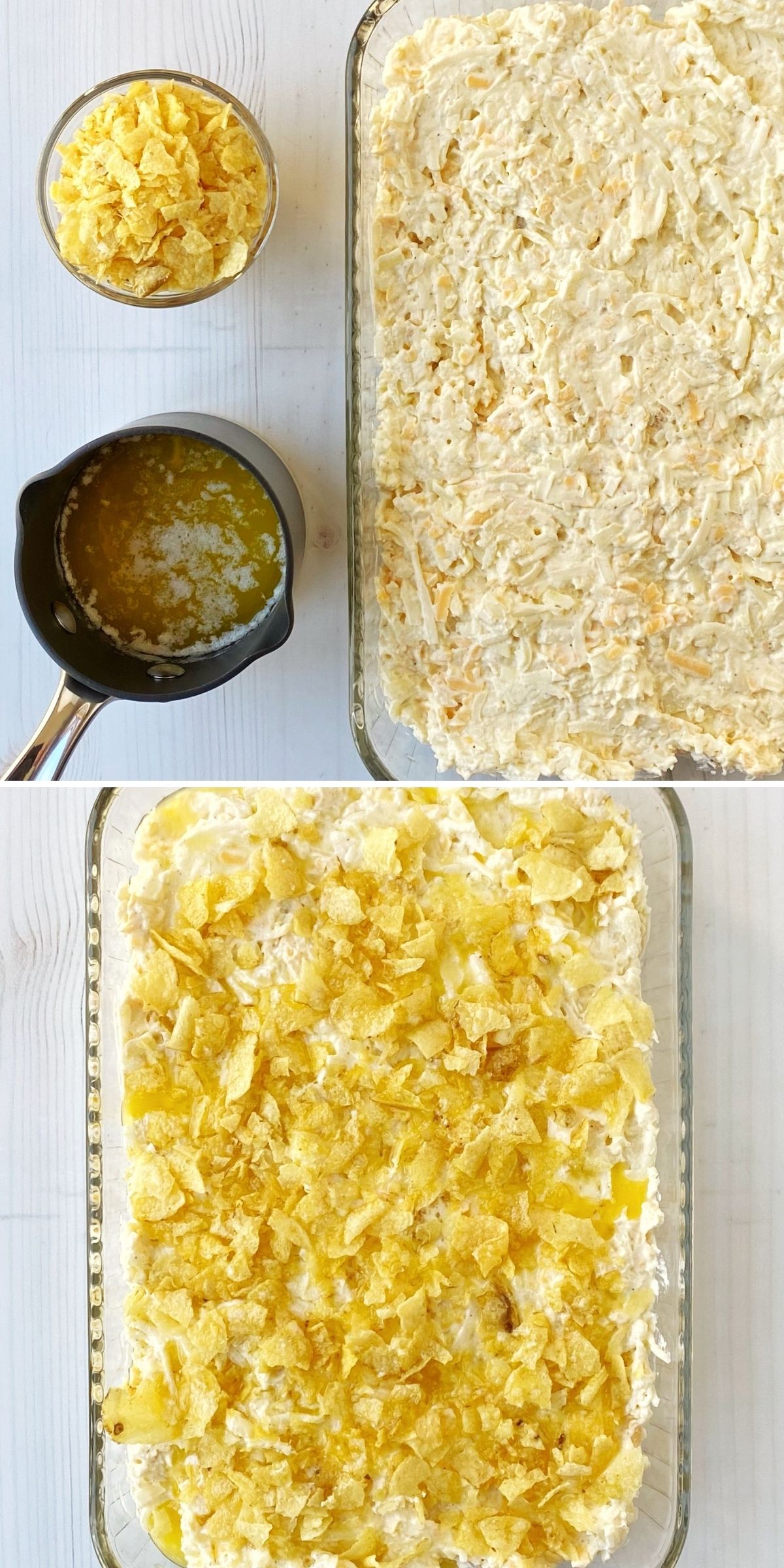 pan of potato mixture with a bowl of crushed potato chips and small pan of melted butter; potato mixture topped with potato chips and melted butter