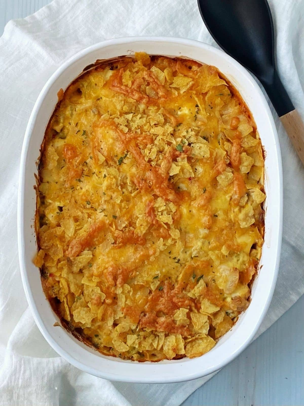 casserole dish with crispy, crunchy topping