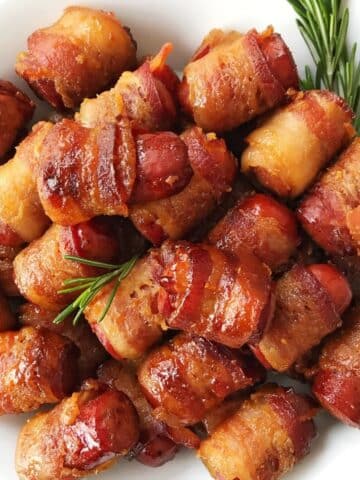 plate of bacon wrapped sausage